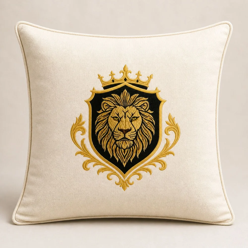 KESAR KREATION THREADS ROYAL LION CREAST LUXURY EMBROIDERY CUSHION COVER