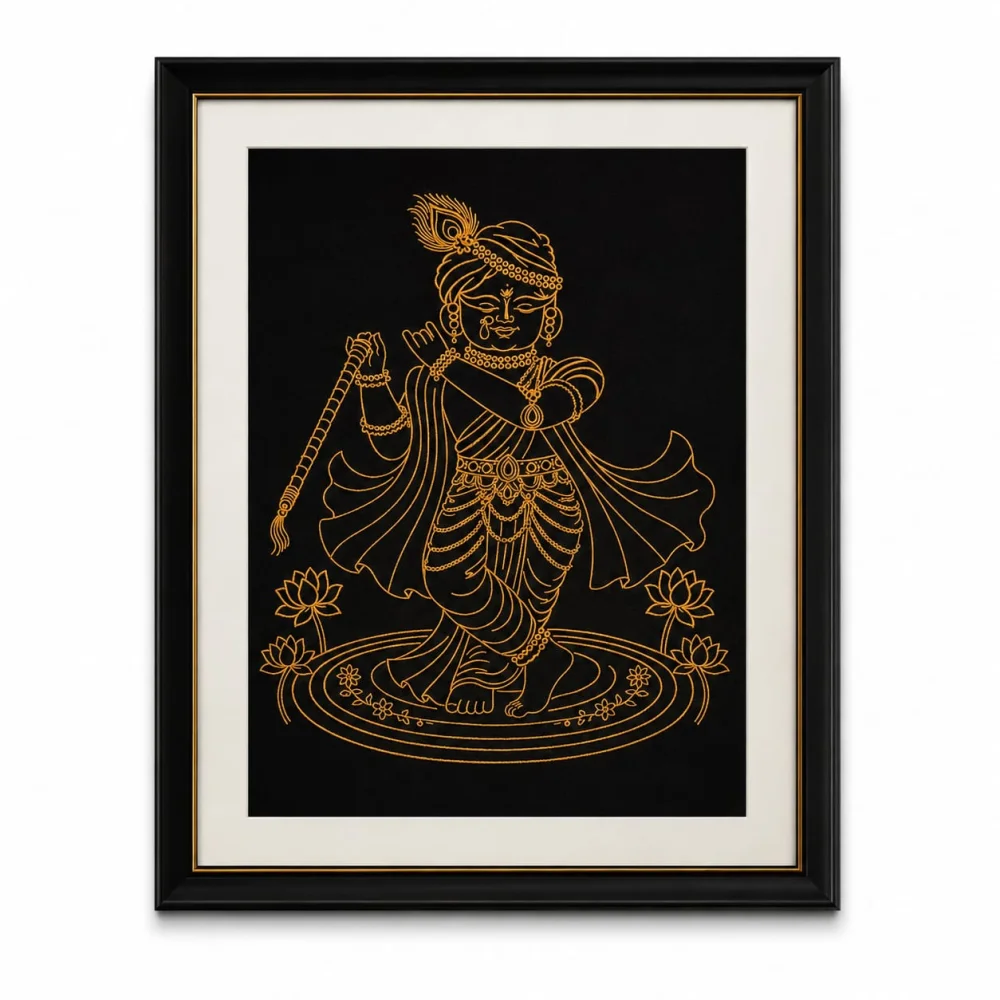 KESAR KREATION THREADS LORDS KRISHNA ZARI PERIMIUM EMBROIDERY WALL FRAME 16*20 INCH