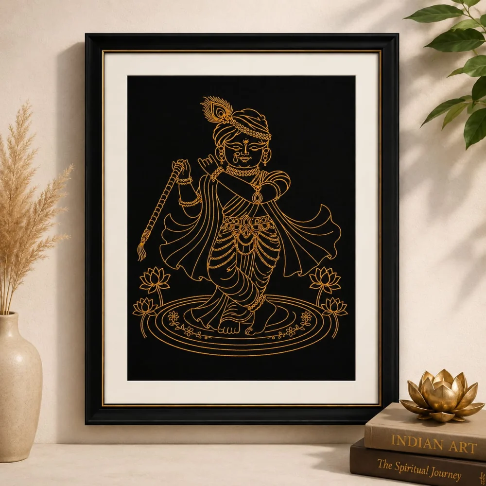 KESAR KREATION THREADS LORDS KRISHNA ZARI PERIMIUM EMBROIDERY WALL FRAME 16*20 INCH