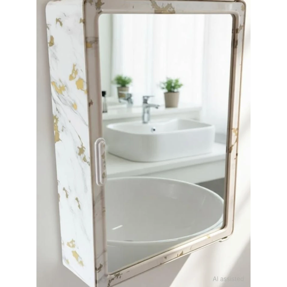 Epraiser Spacious Designer Plastic Marble Finish Bathroom Mirror Luxury Storage Cabinet Plastic Wall Shelf (Number of Shelves - 4, White)