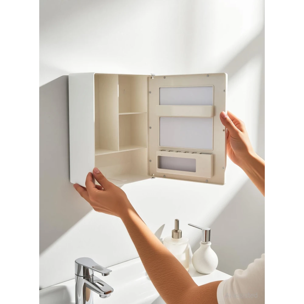 Epraiser SMALL MINI BATHROOM RACK SHELF STORAGE BOX WITH MIRROR WALL DECOR Plastic Wall Shelf (Number of Shelves - 3, White)