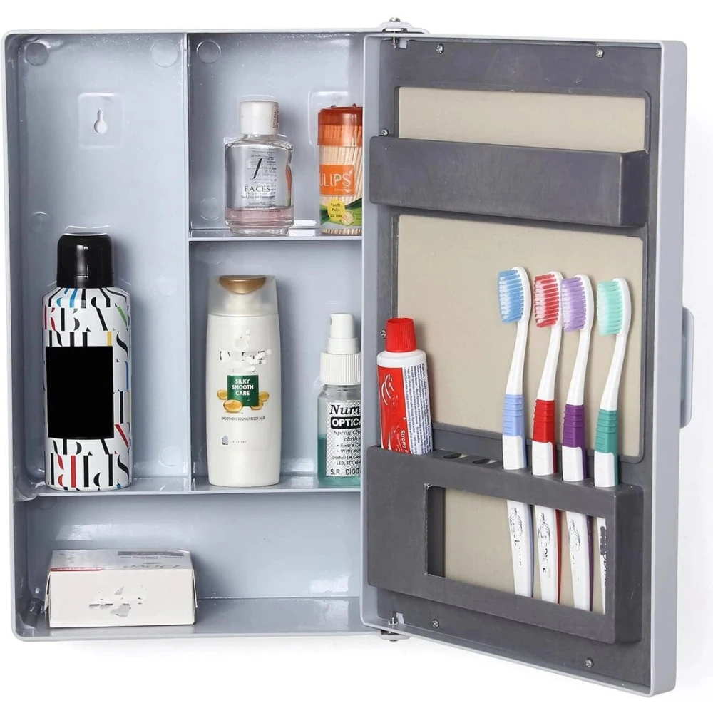 Epraiser Multiuse SMALL SIZE Mirror Cabinet for Storage Organiser in Bathroom, Kitchen Plastic Wall Shelf (Number of Shelves - 4, Silver)