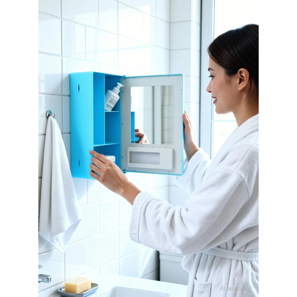 Epraiser SMALL MINI BATHROOM RACK SHELF STORAGE BOX WITH MIRROR WALL DECOR Plastic Wall Shelf (Number of Shelves - 3, Blue, White)