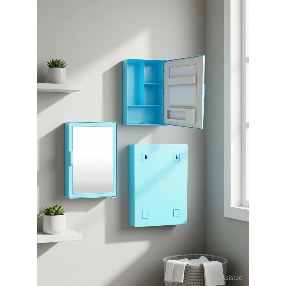 Epraiser SMALL MINI BATHROOM RACK SHELF STORAGE BOX WITH MIRROR WALL DECOR Plastic Wall Shelf (Number of Shelves - 3, Blue, White)