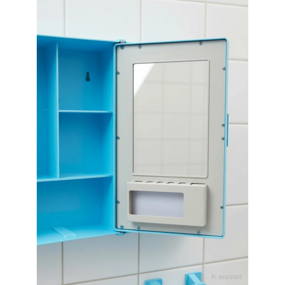 Epraiser SMALL MINI BATHROOM RACK SHELF STORAGE BOX WITH MIRROR WALL DECOR Plastic Wall Shelf (Number of Shelves - 3, Blue, White)