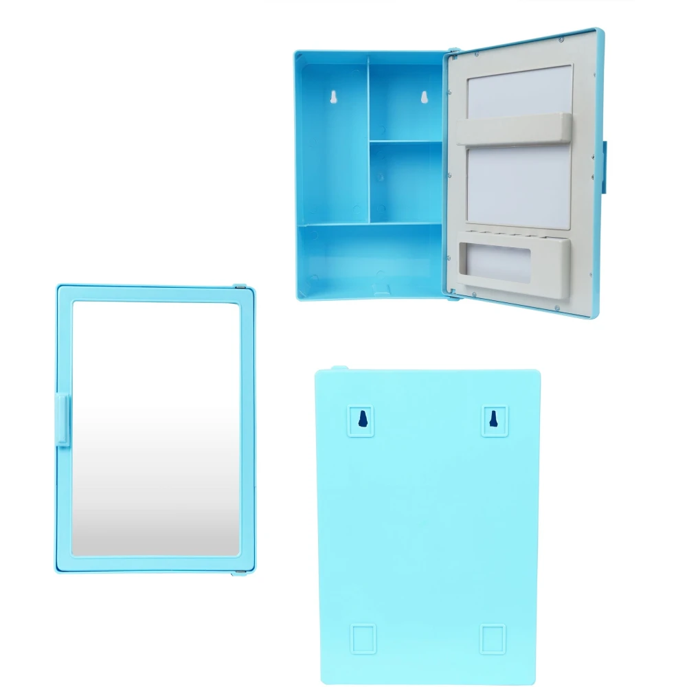 Epraiser SMALL MINI BATHROOM RACK SHELF STORAGE BOX WITH MIRROR WALL DECOR Plastic Wall Shelf (Number of Shelves - 3, Blue, White)