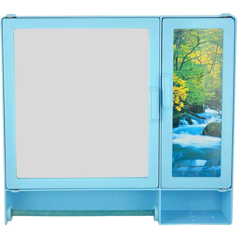 Epraiser ABS Unbreakable Z-BF 107 Bathroom Mirror-Scenery Double Door Cabinet With Storage Chest / Shelves & Outside Special Rod for Towel,17"X4"X16" Plastic Wall Shelf (Number of Shelves - 7, Blue)