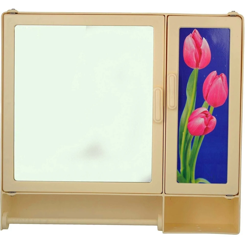 Epraiser ABS Unbreakable Z-BF 107 Bathroom Mirror-Scenery Double Door Cabinet With Storage Chest / Shelves & Outside Special Rod for Towel,17"X4"X16" Plastic Wall Shelf (Number of Shelves - 7, Beige)