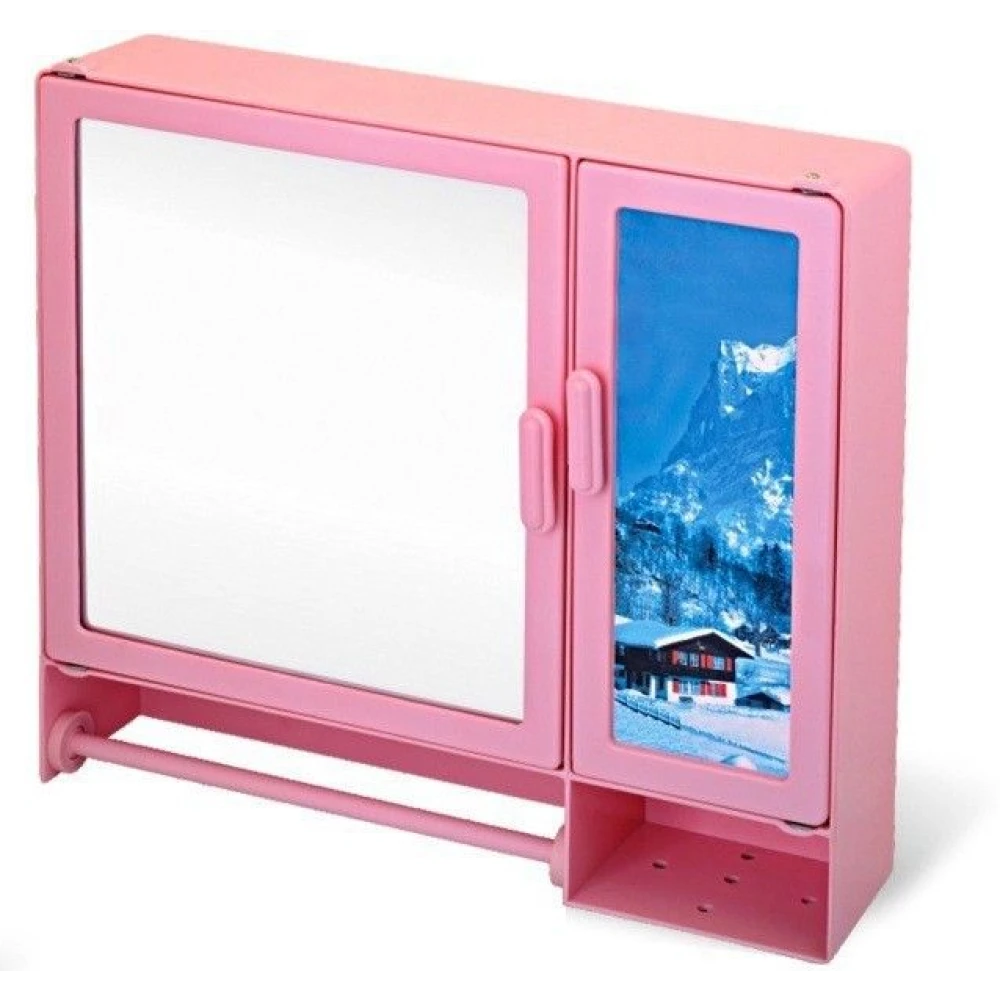 Epraiser ABS Unbreakable Z-BF 107 Bathroom Mirror-Scenery Double Door Cabinet With Storage Chest / Shelves & Outside Special Rod for Towel,17"X4"X16" Plastic Wall Shelf (Number of Shelves - 7, Pink)