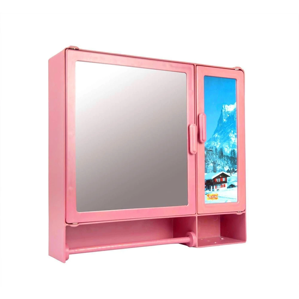 Epraiser ABS Unbreakable Z-BF 107 Bathroom Mirror-Scenery Double Door Cabinet With Storage Chest / Shelves & Outside Special Rod for Towel,17"X4"X16" Plastic Wall Shelf (Number of Shelves - 7, Pink)