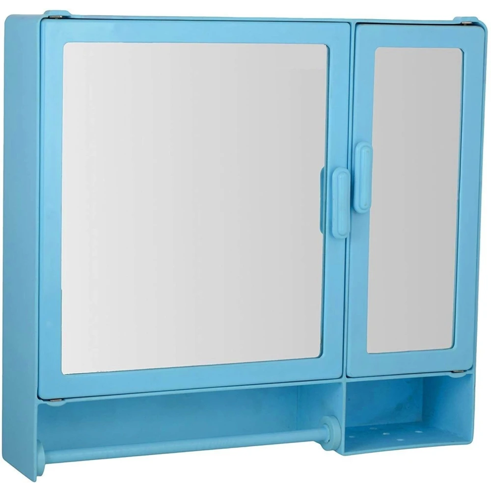 Epraiser ABS Unbreakable Z-BF 110 Bathroom Double Mirror Double Door Cabinet With Storage Chest / Shelves & Extra Towel Rod,17"X4"X16" Plastic Wall Shelf (Number of Shelves - 7, Blue)