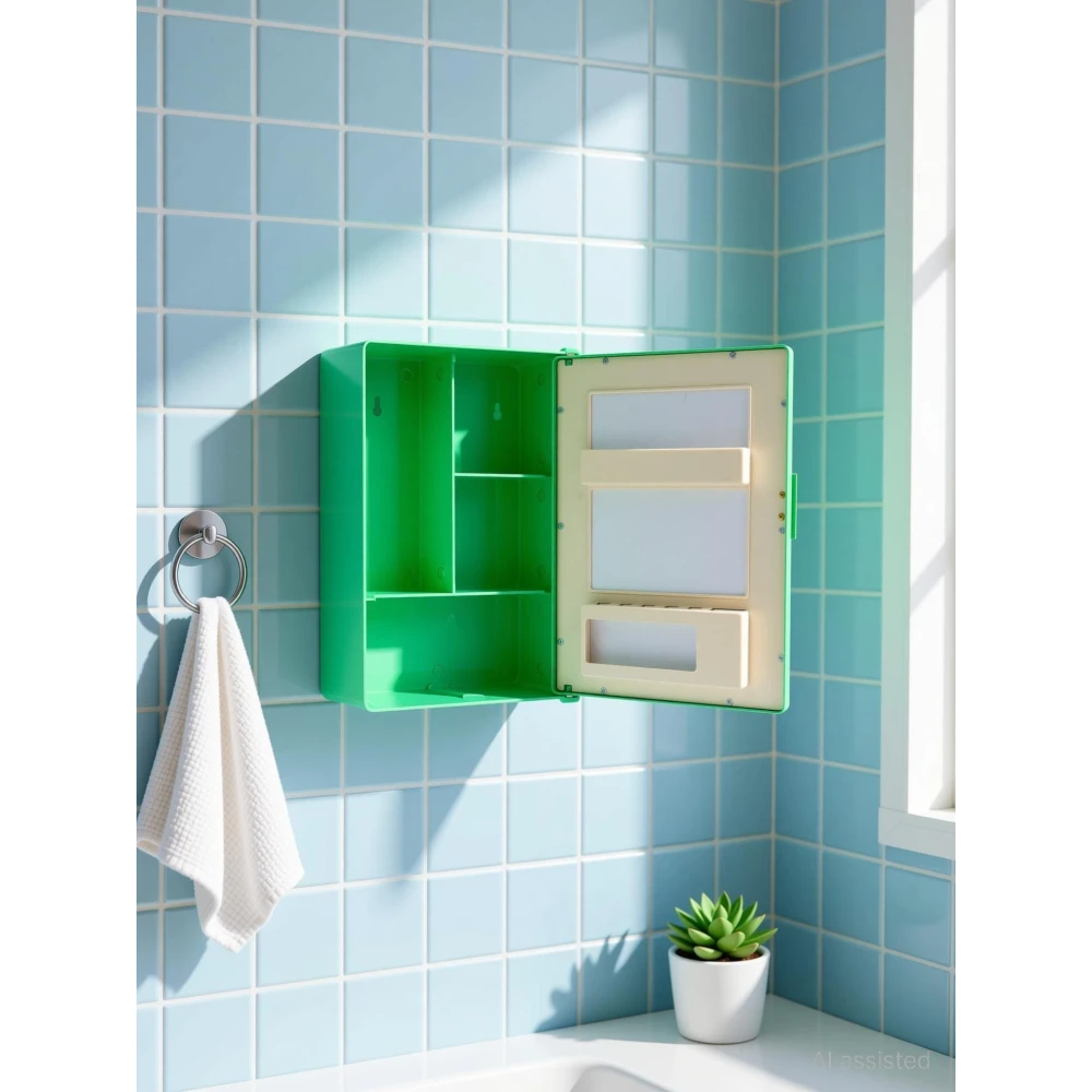 Epraiser SMALL MINI BATHROOM RACK SHELF STORAGE BOX WITH MIRROR WALL DECOR Plastic Wall Shelf (Number of Shelves - 3, Green)