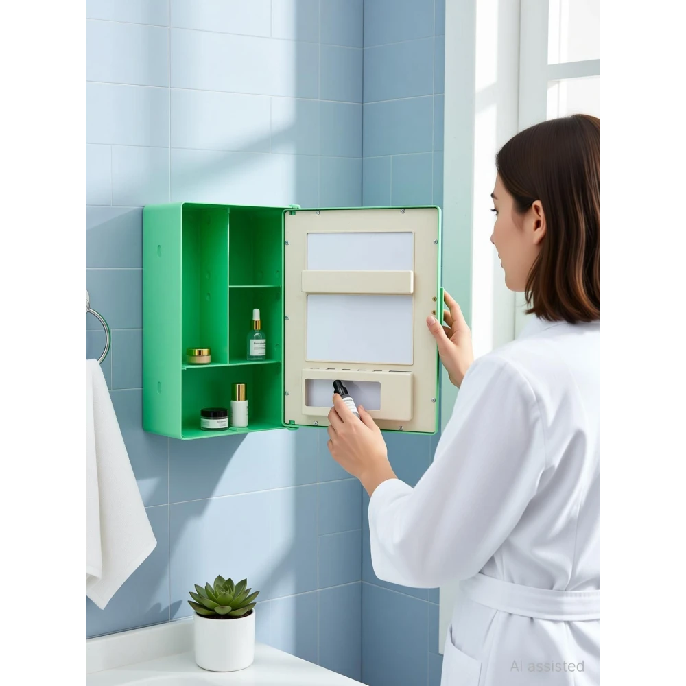 Epraiser SMALL MINI BATHROOM RACK SHELF STORAGE BOX WITH MIRROR WALL DECOR Plastic Wall Shelf (Number of Shelves - 3, Green)