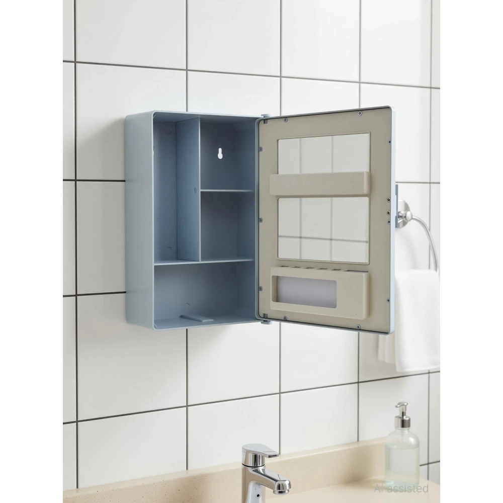 Epraiser SMALL MINI BATHROOM RACK SHELF STORAGE BOX WITH MIRROR WALL DECOR Plastic Wall Shelf (Number of Shelves - 3, Grey)