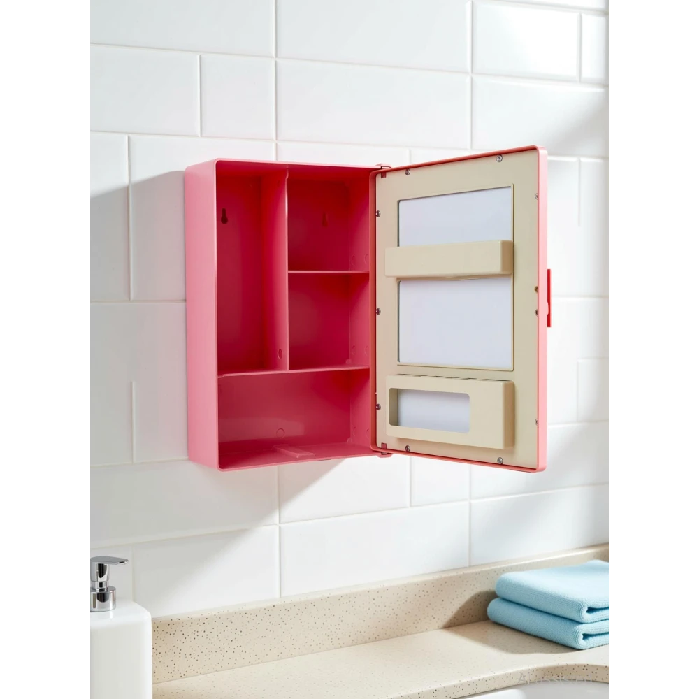 Epraiser SMALL MINI BATHROOM RACK SHELF STORAGE BOX WITH MIRROR WALL DECOR Plastic Wall Shelf (Number of Shelves - 3, Pink)