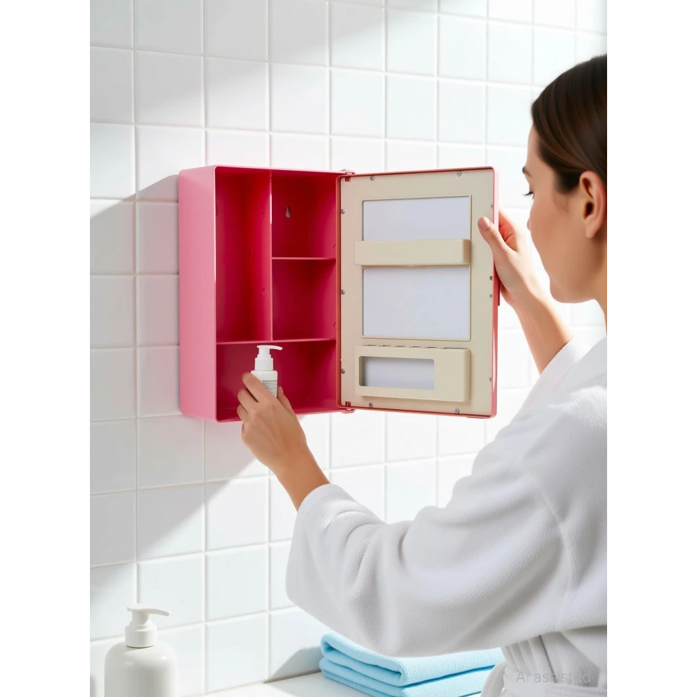 Epraiser SMALL MINI BATHROOM RACK SHELF STORAGE BOX WITH MIRROR WALL DECOR Plastic Wall Shelf (Number of Shelves - 3, Pink)