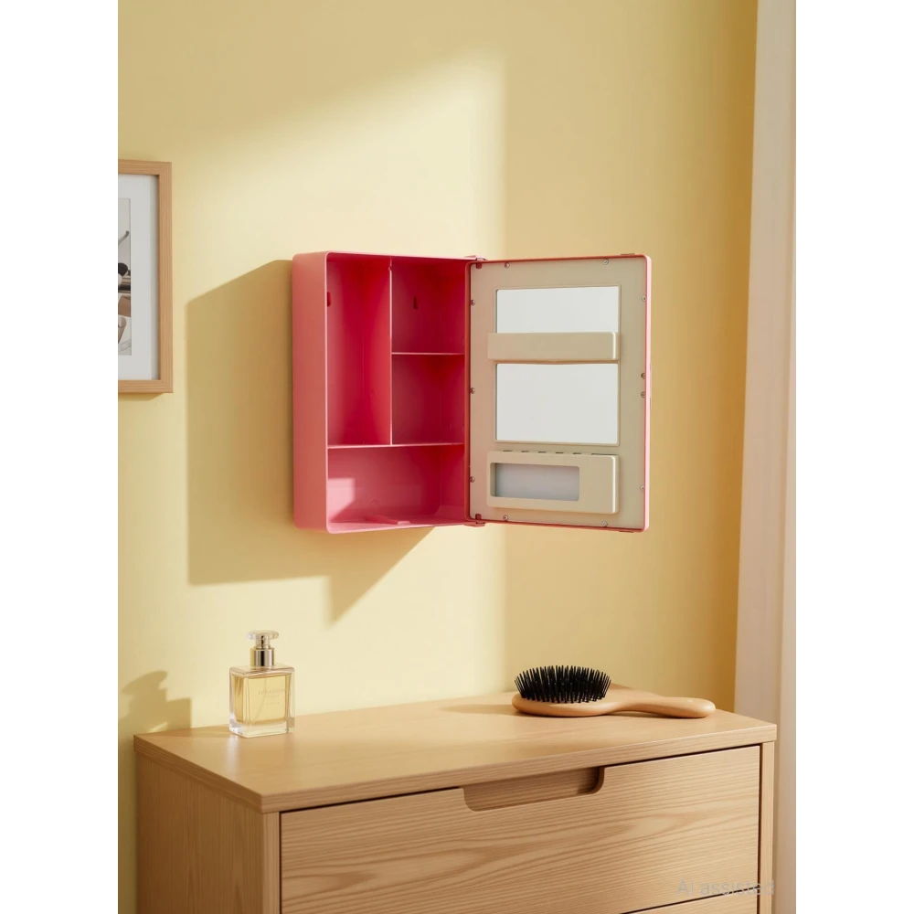 Epraiser SMALL MINI BATHROOM RACK SHELF STORAGE BOX WITH MIRROR WALL DECOR Plastic Wall Shelf (Number of Shelves - 3, Pink)