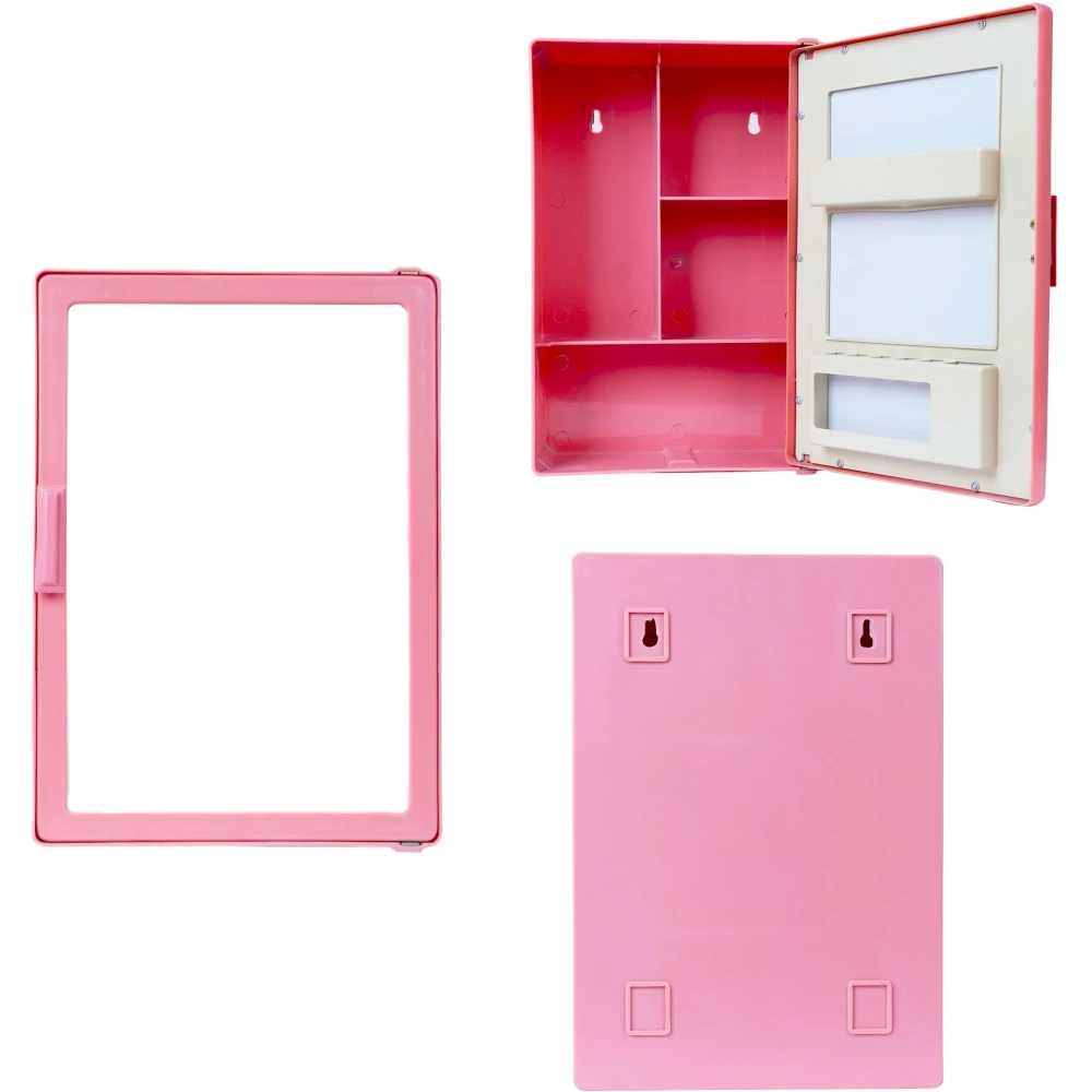 Epraiser SMALL MINI BATHROOM RACK SHELF STORAGE BOX WITH MIRROR WALL DECOR Plastic Wall Shelf (Number of Shelves - 3, Pink)