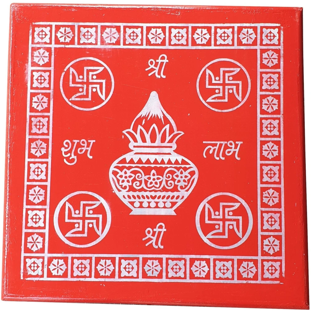 Epraiser Red Painted All Purpose Shubh Laabh Designer Handicraft with Wooden Legs( 18" x 18" ) Wooden Pooja Chowki (Red, Pack of 1)