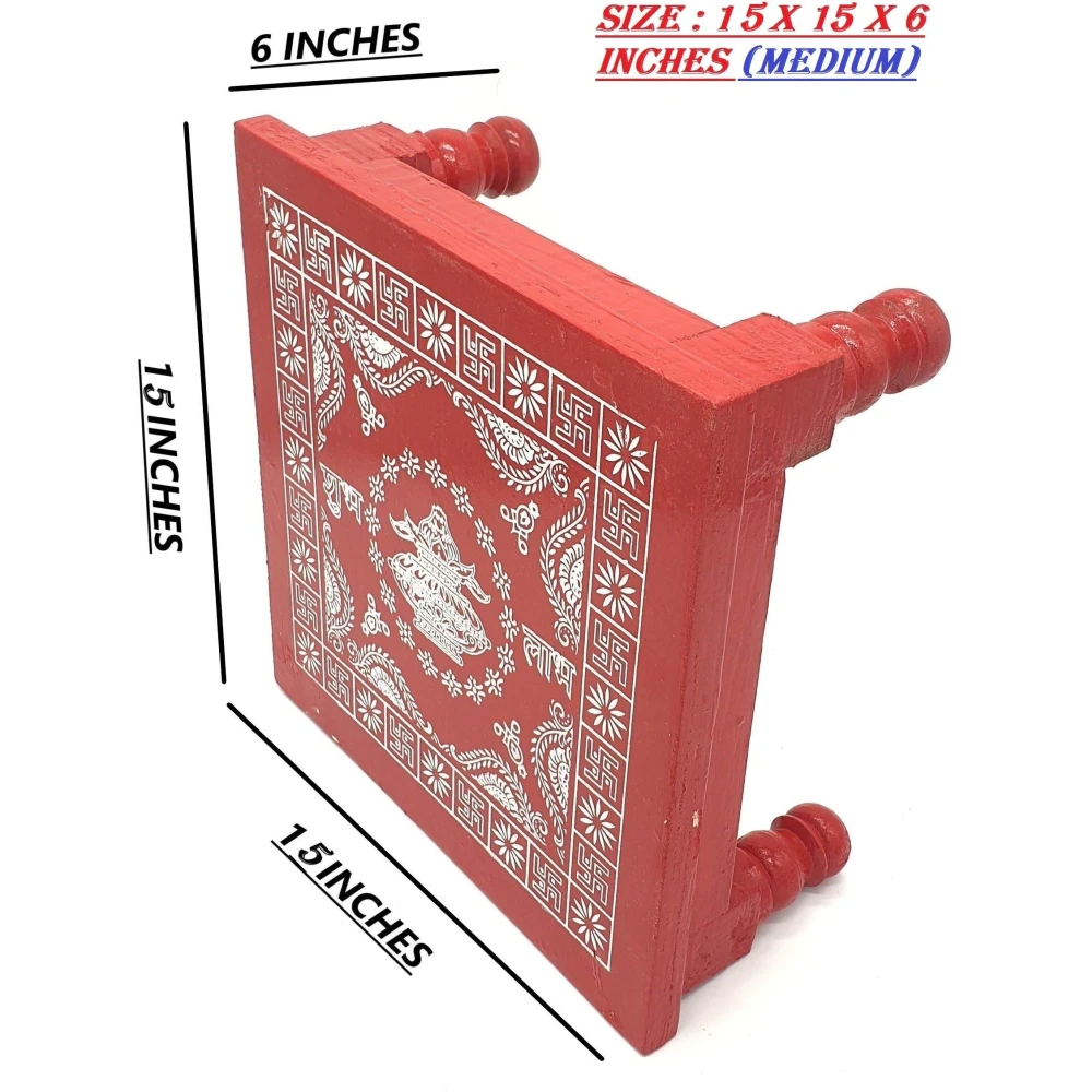Epraiser Festival Special (Size : 15 x 15 Inches, Small) Wooden Puja Chowki/Bajot/Patla Red Painted Sturdy Heavy Plywood for Mandir, Home Décor, Office for God Idols and Pooja Items Wooden All Purpose Chowki (Red, Pack of 1)