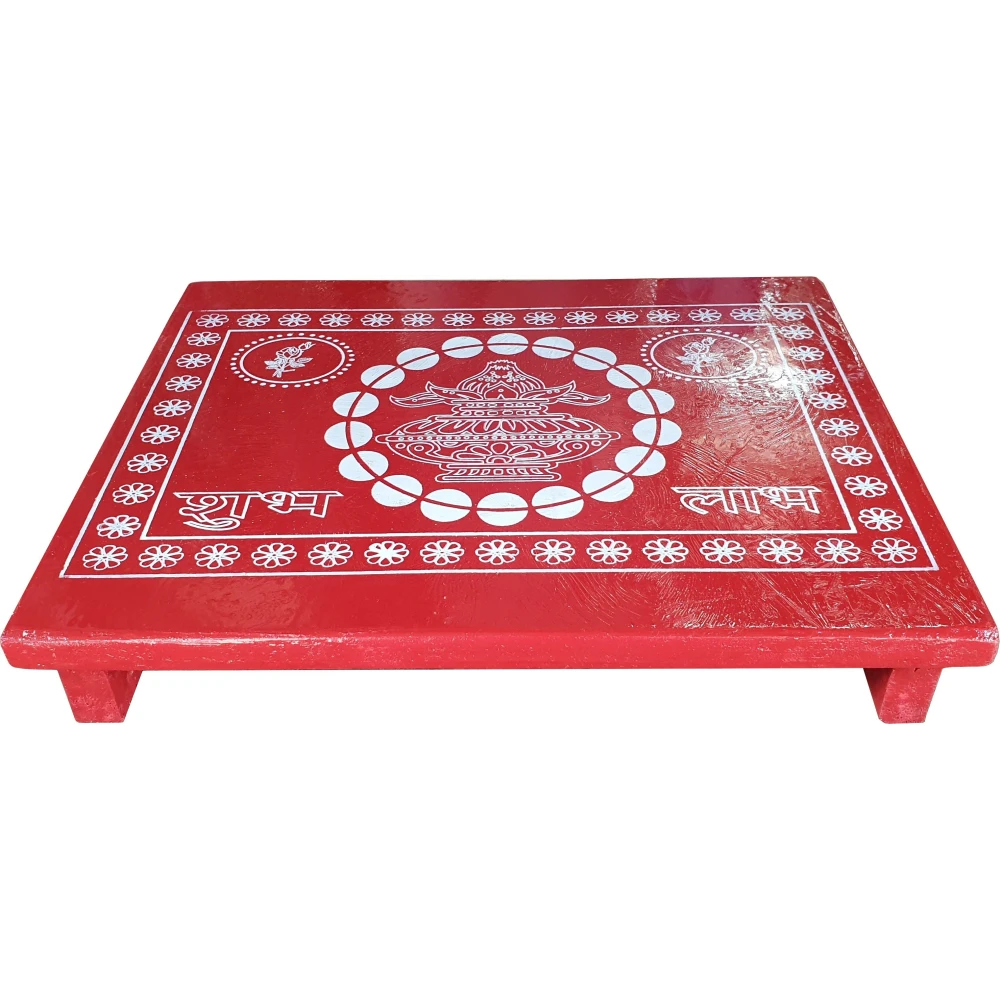 Epraiser Red Painted All Purpose Shubh Laabh Designer Handicraft ( 12" x 15" ) Wooden Pooja Chowki (Red, Pack of 1)