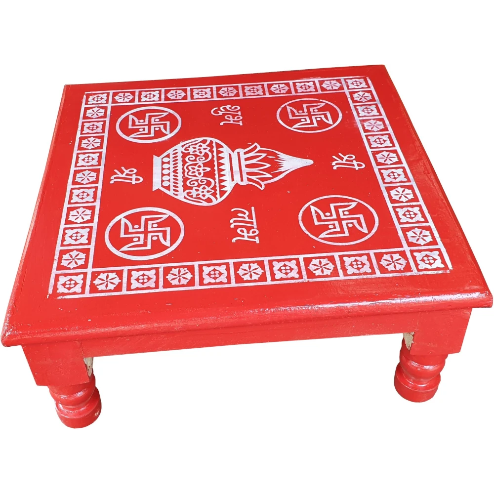Epraiser Red Painted All Purpose Shubh Laabh Designer Handicraft with Wooden Legs( 18" x 18" ) Wooden Pooja Chowki (Red, Pack of 1)