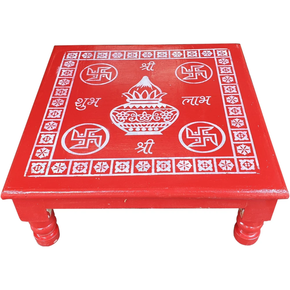 Epraiser Red Painted All Purpose Shubh Laabh Designer Handicraft with Wooden Legs( 18" x 18" ) Wooden Pooja Chowki (Red, Pack of 1)