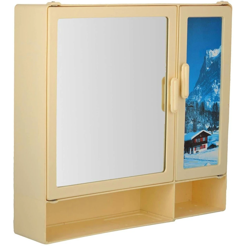 Epraiser ABS Unbreakable Z-BF 106 Bathroom Mirror-Scenery Double Door Cabinet With Storage Chest / Shelves & Outside Special Compartment ,17"X4"X16" Plastic Wall Shelf (Number of Shelves - 8, Beige)