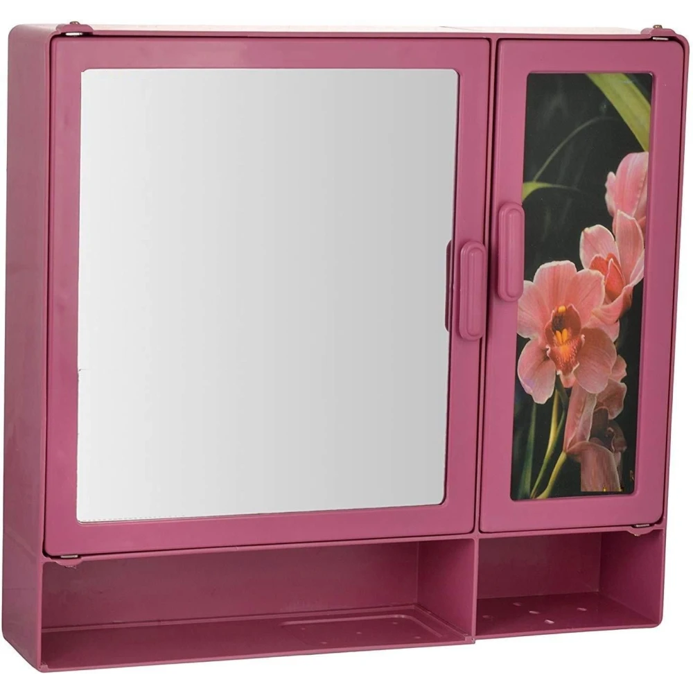 Epraiser ABS Unbreakable Plastic Bathroom Mirror-Scenery Double Door Mirror Cabinet With Extra Outside Shelf , Size :17"X4"X16" Plastic Wall Shelf (Number of Shelves - 8, Pink)