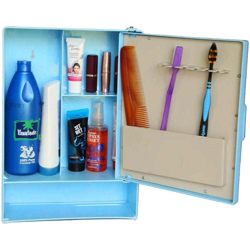 Epraiser ABS Unbreakable Z-GM 102 Bathroom Mirror Single Door Cabinet With Storage Chest / Shelves with outside Special Shelf ,16"X4"X12" Plastic Wall Shelf (Number of Shelves - 4, Blue)