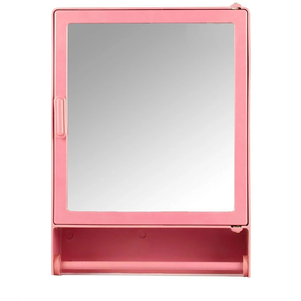 Epraiser ABS Unbreakable Z-GM 103 Bathroom Mirror Single Door Cabinet With Storage Chest / Shelves with outside Rod ,16"X4"X12" Plastic Wall Shelf (Number of Shelves - 3, Pink)
