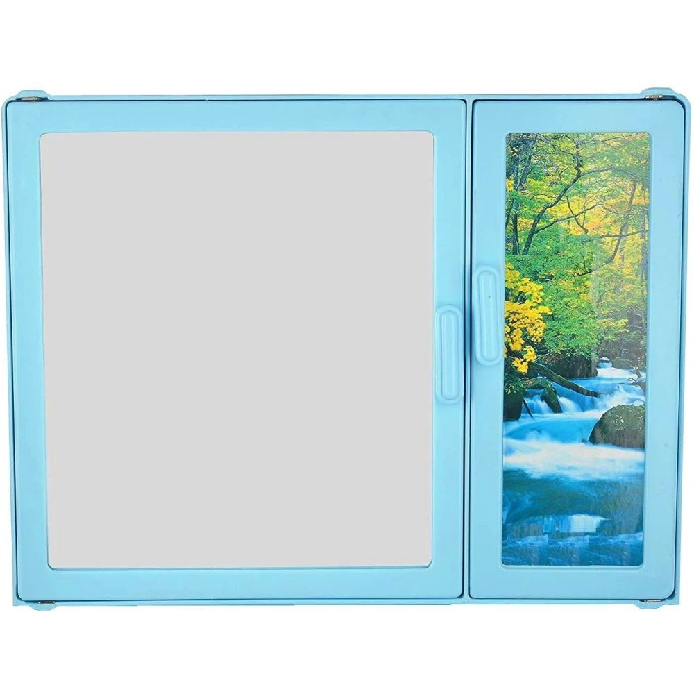 Epraiser ABS Unbreakable Z-JAS Bathroom Picture-Mirror Double Door Cabinet With 5 Shelves , Size: 15" x 4.5" x 14" Plastic Wall Shelf (Number of Shelves - 5, Blue)