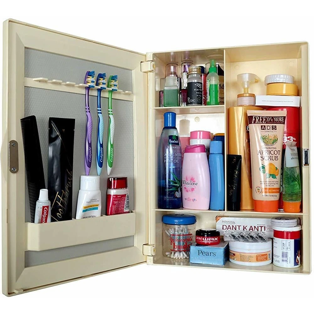 Epraiser ABS Unbreakable Z-O/NW Bathroom Full Mirror Single Door Cabinet With Storage Chest Plastic Wall Shelf (Number of Shelves - 4, Beige)