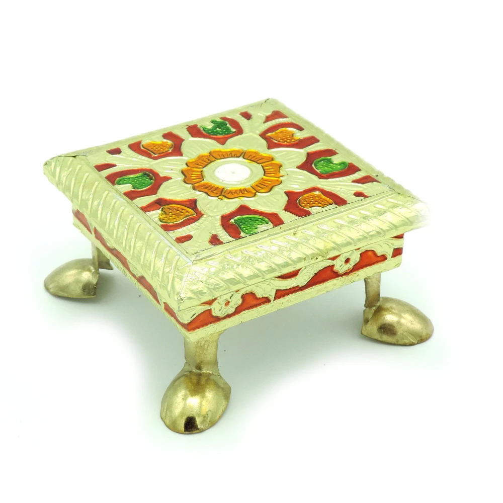 Epraiser Premium ( Size: 4x4 inch) Wooden Handcrafted Meenakari Work Multicolor Multipurpose Puja Chowki / Path / Chaurang with Steel Plated Legs for Home and Office Décor or Gifting Purpose Wooden All Purpose Chowki (Multicolor, Pack of 1)