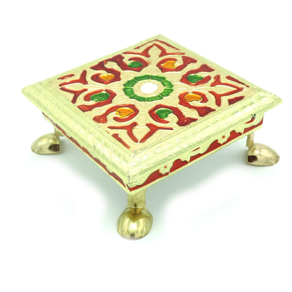 Epraiser Premium ( Size : 5x5 Inch) Wooden Handcrafted Meenakari Work Multicolor Multipurpose Puja Chowki / Path / Chaurang with Steel Plated Legs for Home and Office Décor or Gifting Purpose Wooden All Purpose Chowki (Multicolor, Pack of 1)