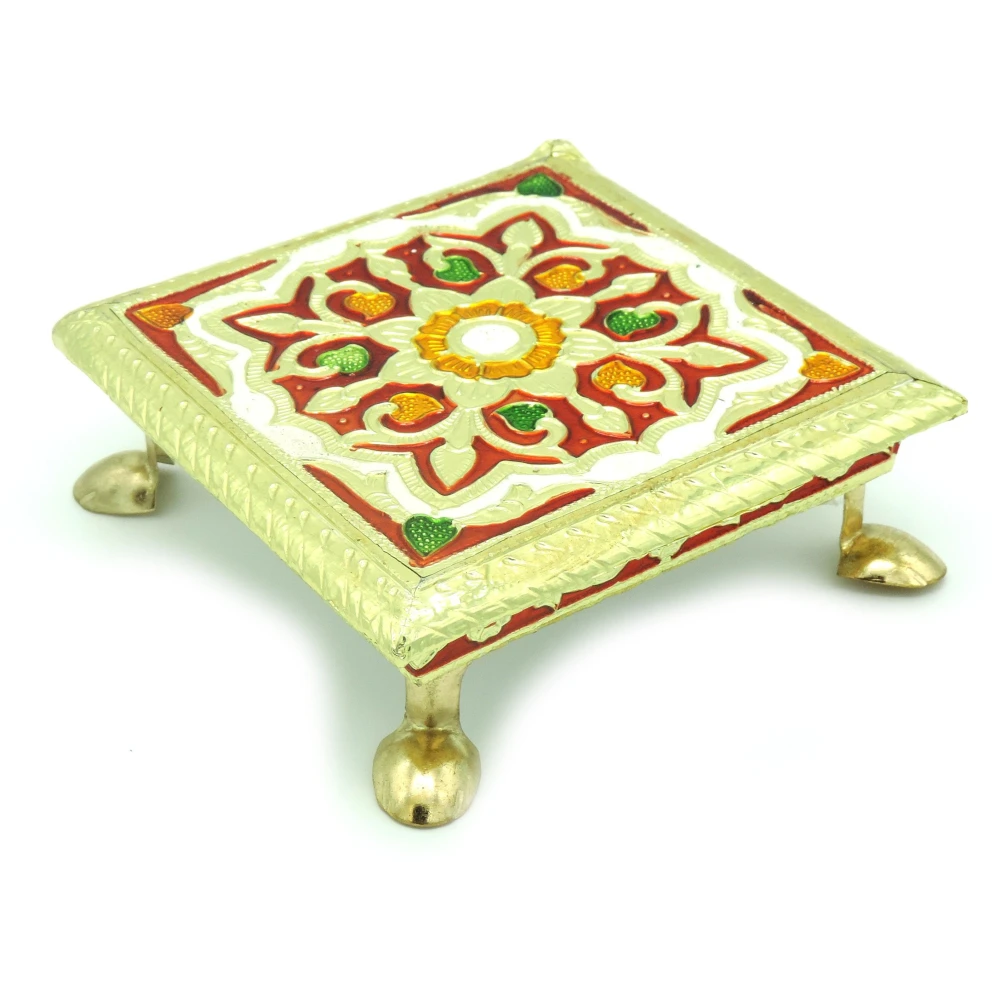 Epraiser Premium ( Size : 6 x 6 ) Wooden Handcrafted Meenakari Work Multicolor Multipurpose Puja Chowki / Path / Chaurang with Steel Plated Legs for Home and Office Décor or Gifting Purpose Wooden All Purpose Chowki (Multicolor, Pack of 1)