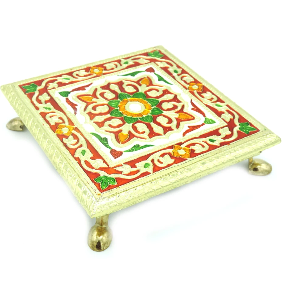 Epraiser Premium (Size: 8x8 inch) Wooden Handcrafted Meenakari Work Multicolor Multipurpose Puja Chowki / Path / Chaurang with Steel Plated Legs for Home and Office Décor or Gifting Purpose Wooden All Purpose Chowki (Multicolor, Pack of 1)
