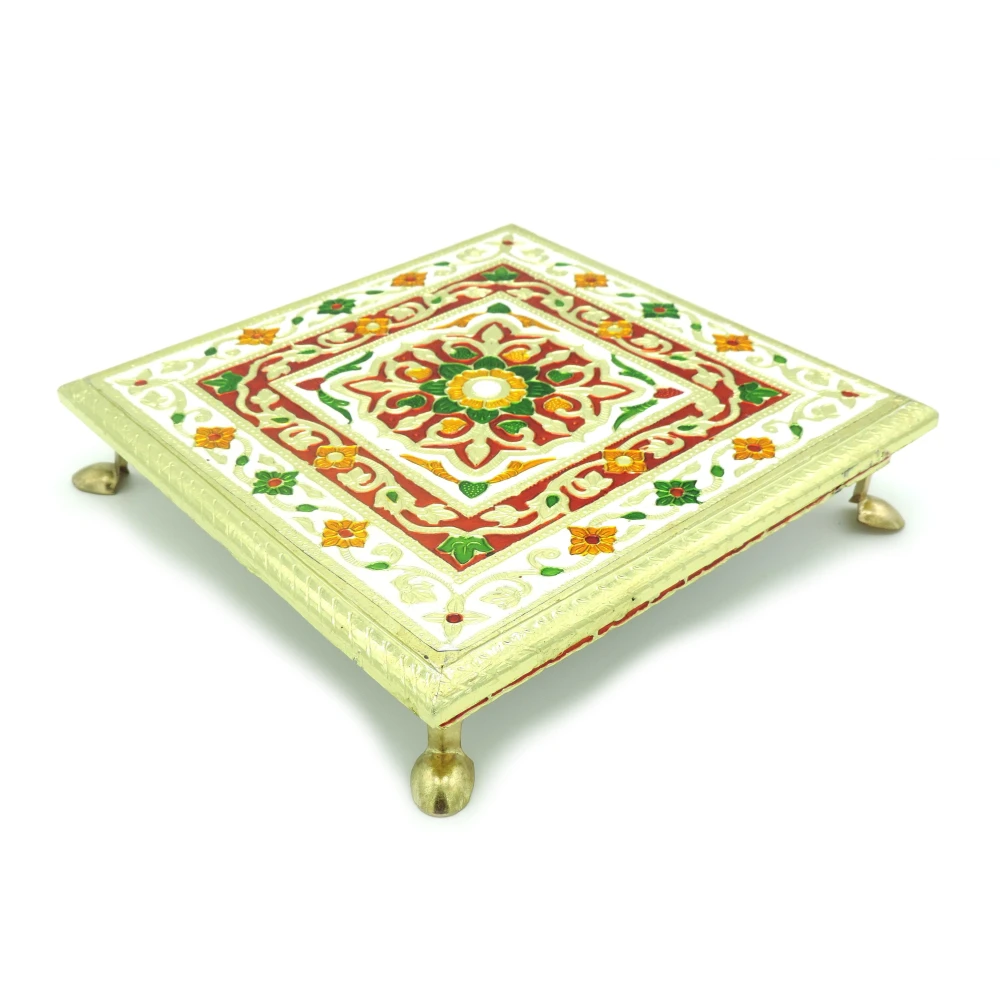 Epraiser Premium ( Size : 10x10 inch)Wooden Handcrafted Meenakari Work Multicolor Multipurpose Puja Chowki / Path / Chaurang with Steel Plated Legs for Home and Office Décor or Gifting Purpose Wooden All Purpose Chowki (Multicolor, Pack of 1)