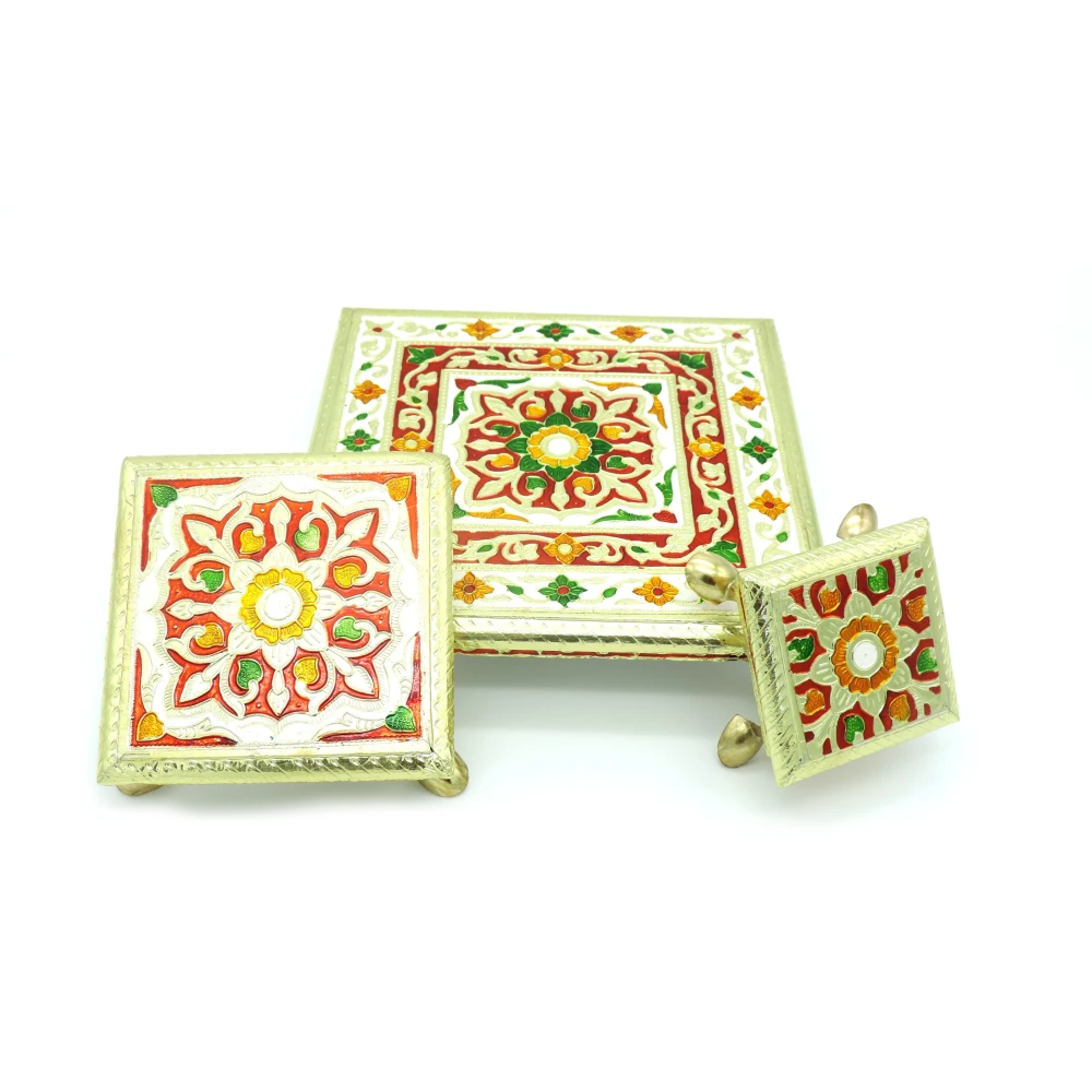 Epraiser Premium ( Size ; 4x4,6x6,10x10 inches) Wooden Handcrafted Meenakari Work Multicolor Multipurpose Puja Chowki / Path / Chaurang with Steel Plated Legs for Home and Office Décor or Gifting Purpose Wooden All Purpose Chowki (Multicolor, Pack of 1)
