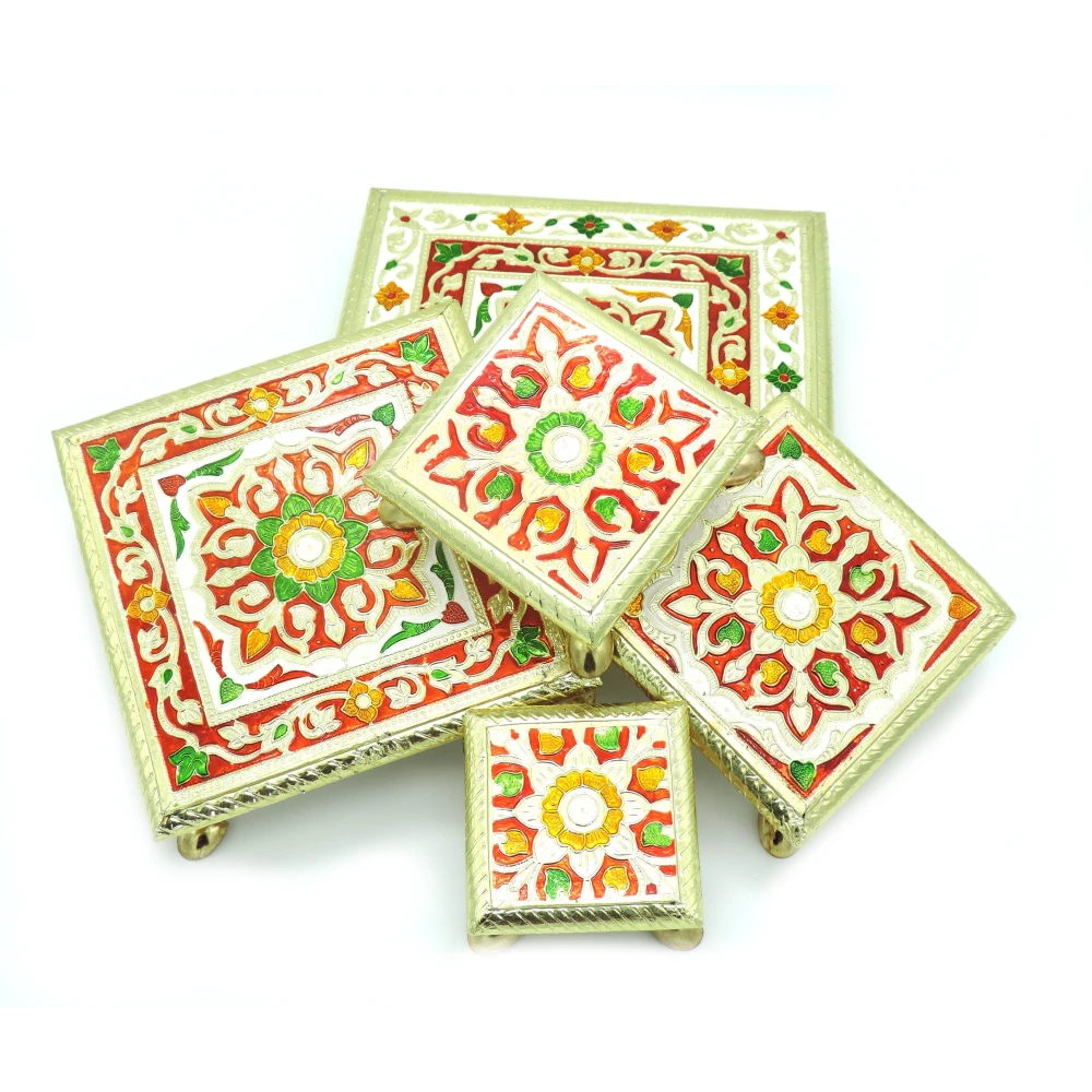 Epraiser Premium (Size: 4,5,6,8,10 inches) Wooden Handcrafted Meenakari Work Multipurpose Puja Chowki / Path / Chaurang with Steel Plated Legs for Home and Office Décor or Gifting Purpose Wooden All Purpose Chowki (Multicolor, Pack of 1)