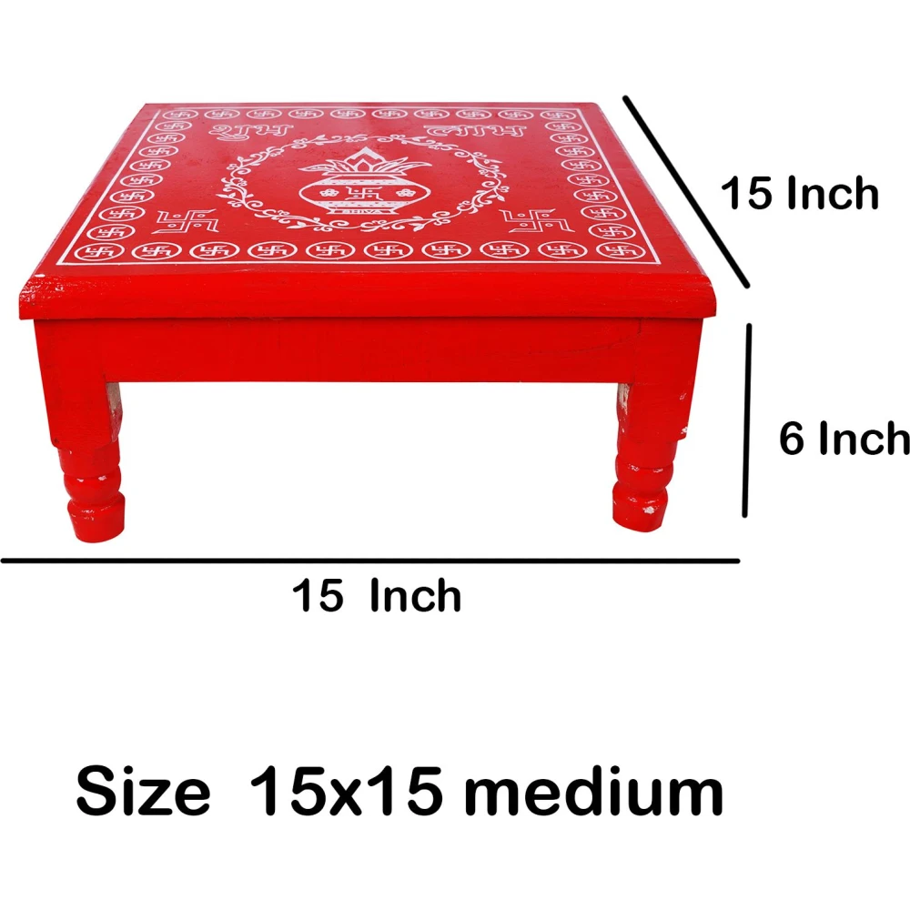 Epraiser MEDIUM 15x15 Inches Designer Wooden Plywood Puja Path Patla Bajot Chaurang Wooden All Purpose Chowki (Red, Pack of 1)
