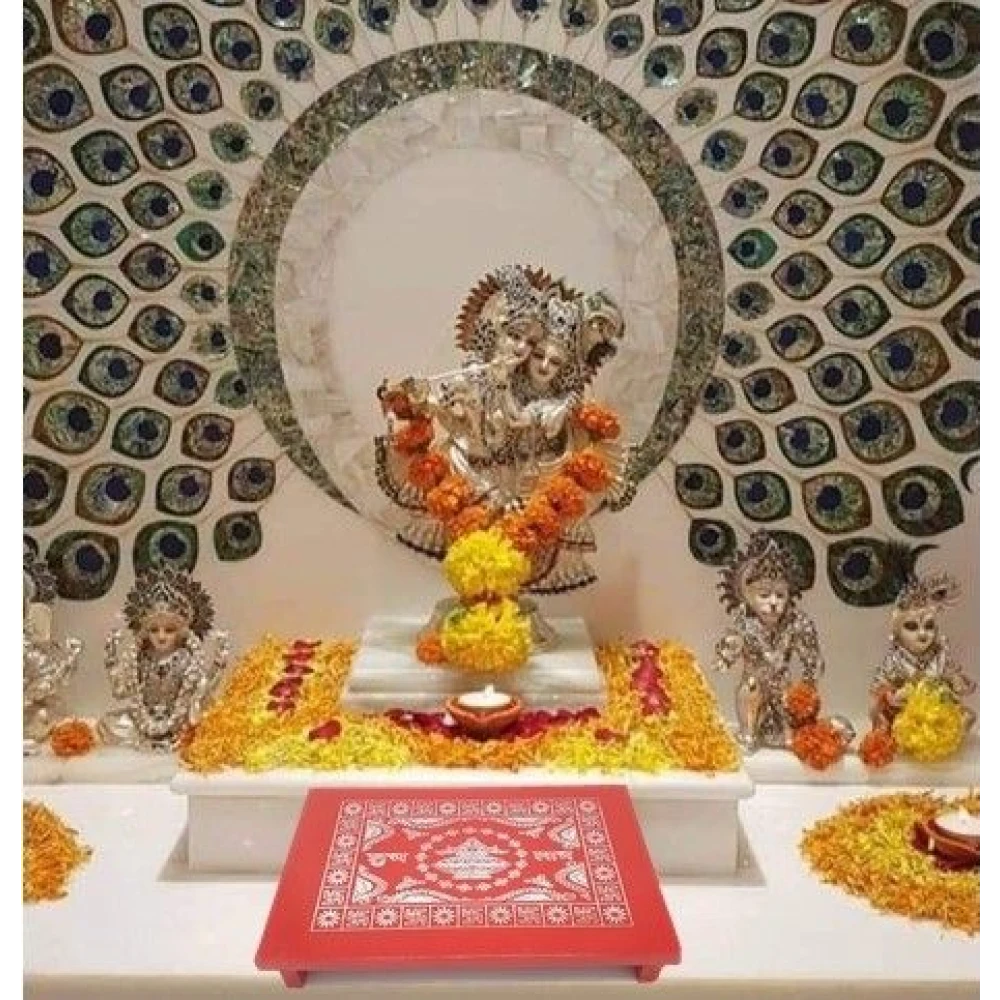 Epraiser Red Painted All Purpose Shubh Laabh Designer Handicraft ( 15" x 21" ) Wooden Pooja Chowki (Red, Pack of 1)