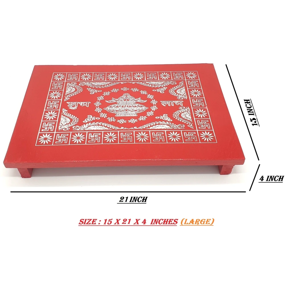 Epraiser Red Painted All Purpose Shubh Laabh Designer Handicraft ( 15" x 21" ) Wooden Pooja Chowki (Red, Pack of 1)