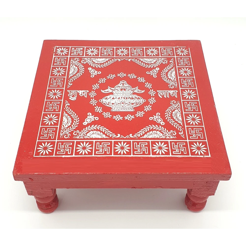 Epraiser Festival Special (Size : 12 x 12 Inches, Small) Wooden Puja Chowki/Bajot/Patla Red Painted Sturdy Heavy Plywood for Mandir, Home Décor, Office for God Idols and Pooja Items Wooden All Purpose Chowki (Red, Pack of 1)