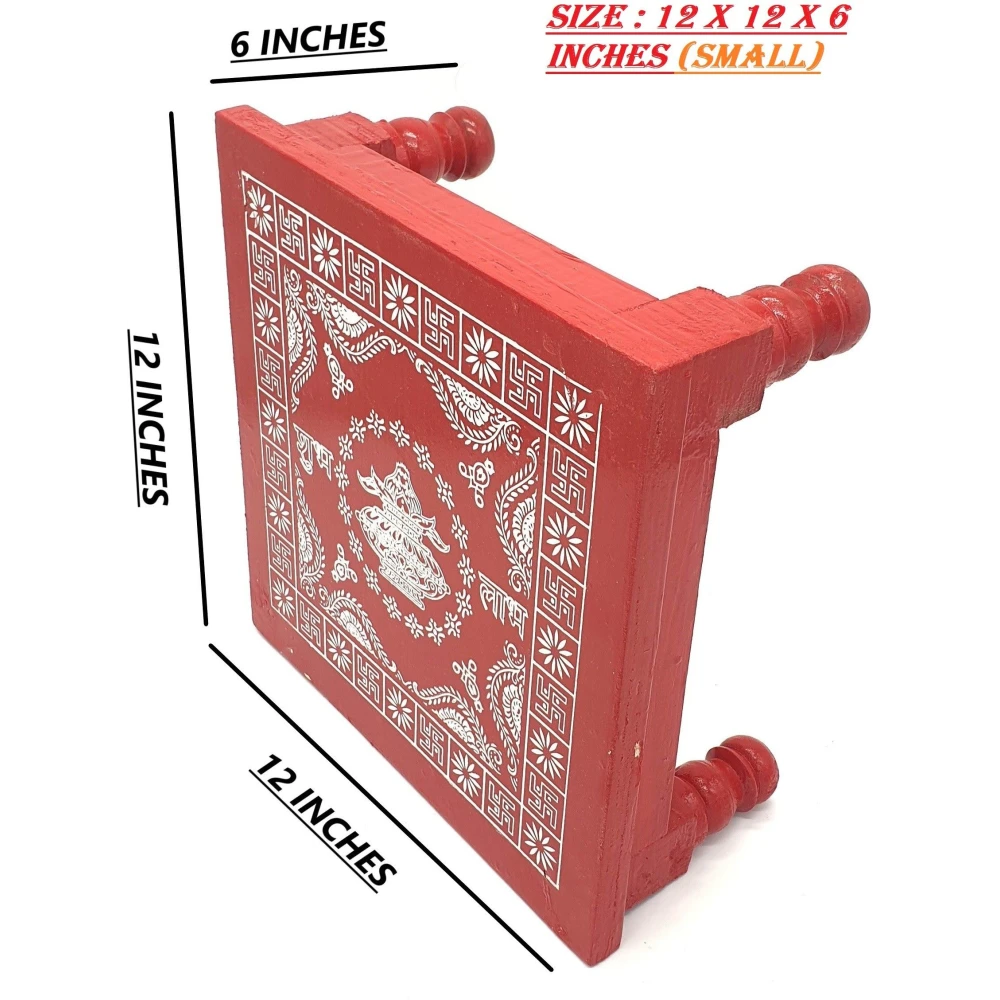 Epraiser Festival Special (Size : 12 x 12 Inches, Small) Wooden Puja Chowki/Bajot/Patla Red Painted Sturdy Heavy Plywood for Mandir, Home Décor, Office for God Idols and Pooja Items Wooden All Purpose Chowki (Red, Pack of 1)