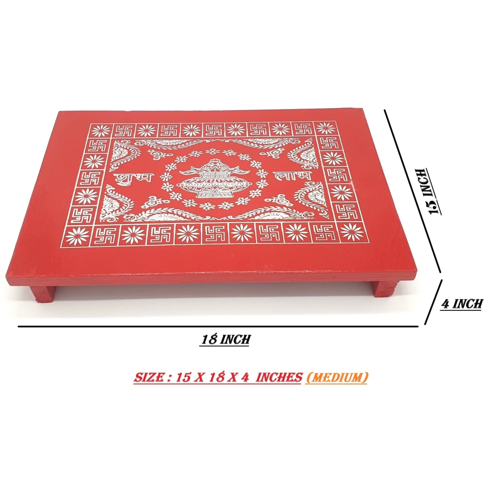 Epraiser Red Painted All Purpose Shubh Laabh Designer Handicraft ( 15" x 18" ) Wooden Pooja Chowki (Red, Pack of 1)
