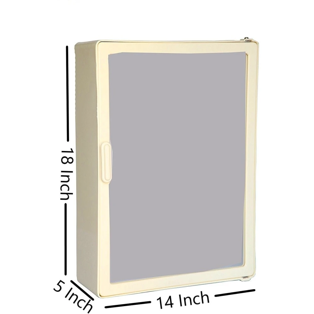 Epraiser Pearl Ivory (Size: 18 x 14 x 5 Inches, Large) Premium Virgin Quality ABS Unbreakable Material Bathroom Mirror Single Door Cabinet with Storage Shelves Plastic Wall Shelf (Number of Shelves - 5, Beige)