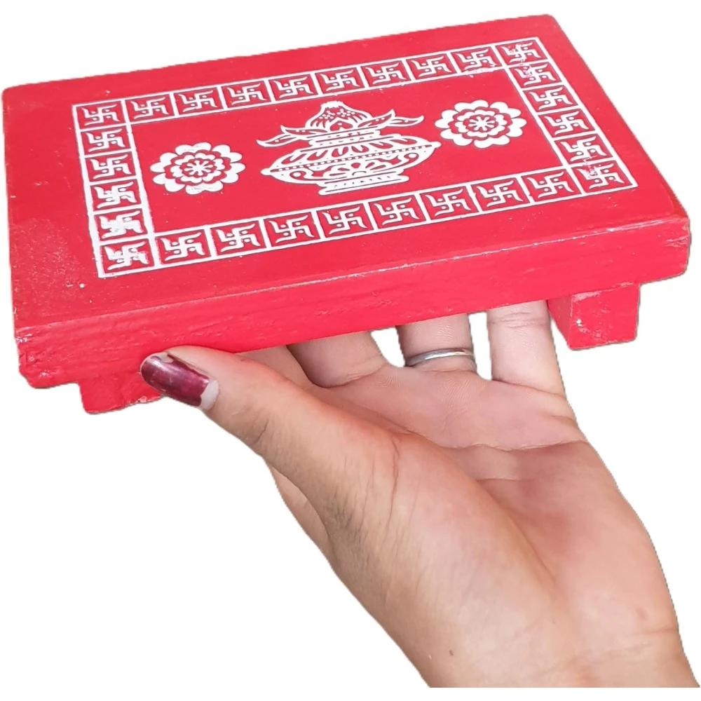 Epraiser Small Size 4x6 Inch MINI Plywood Handmade Puja Decor Aasan Paat Patla Bajot Wooden Pooja Chowki (Red, Pack of 1)