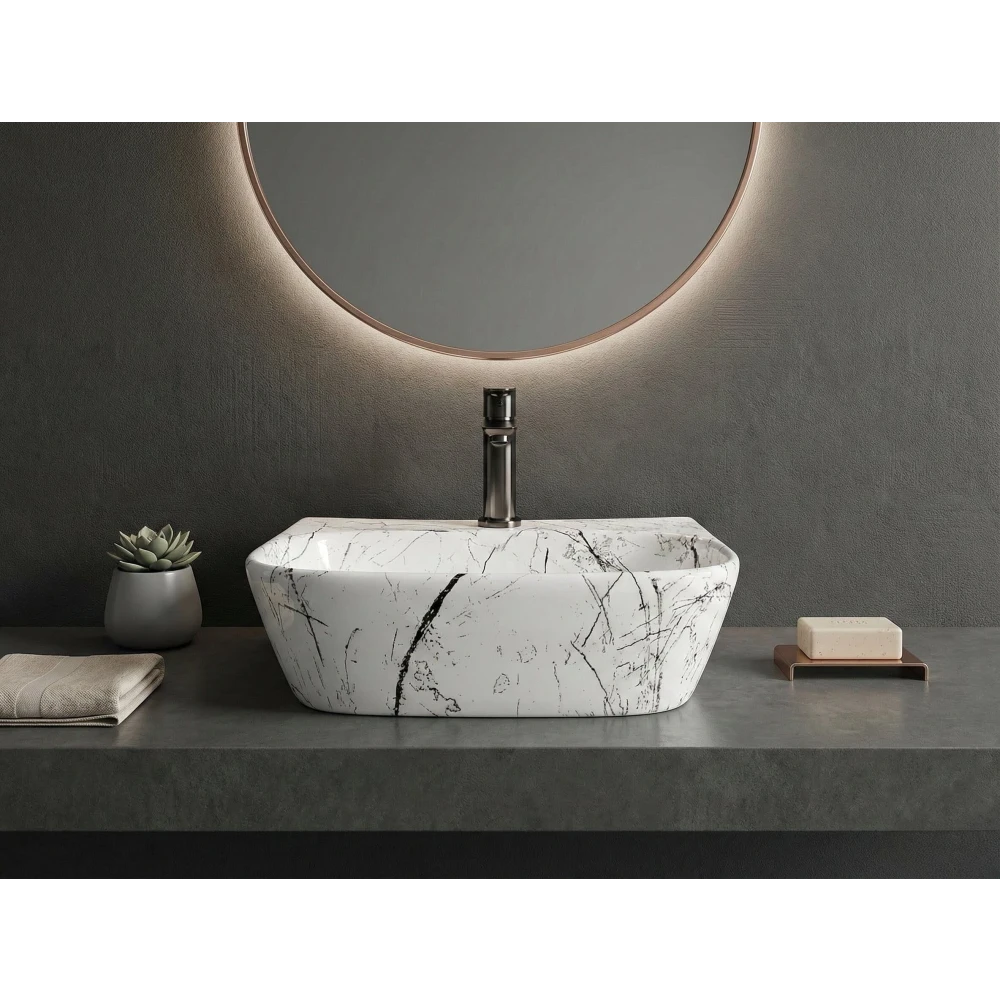 Foxx Sanitaryware 2 in 1 Wall Mount & Table Top Ceramic Premium Wash basin DD2 (M-06) New (16x12x5) DD2 (M-06) New Wall Hung Basin (White & Black Marble Design)