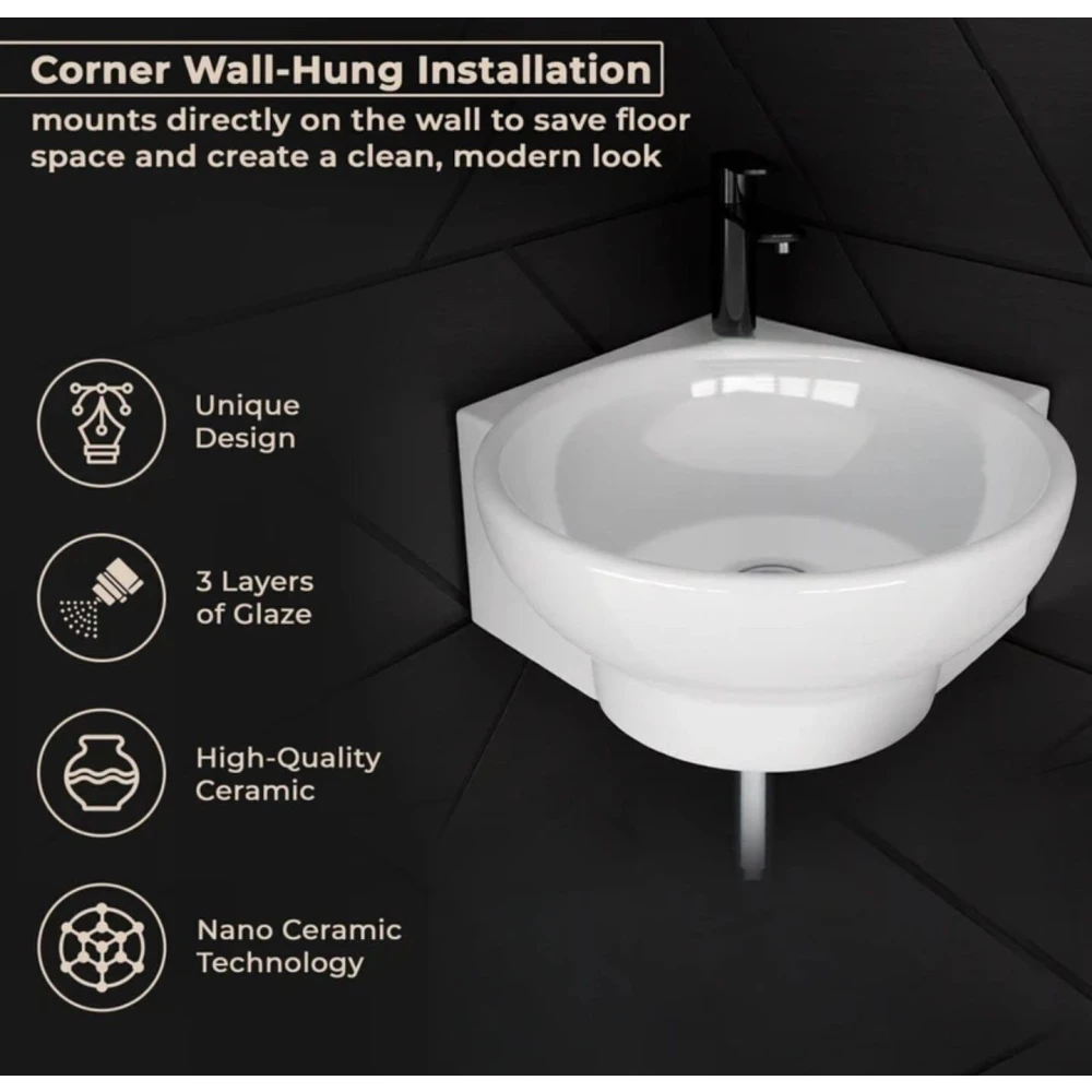 FOXX Ceramic Premium High Gloss White Wash basin for Bathroom, Hotels, Kitchen Round Corner - Diamond White Corner Basin (White)